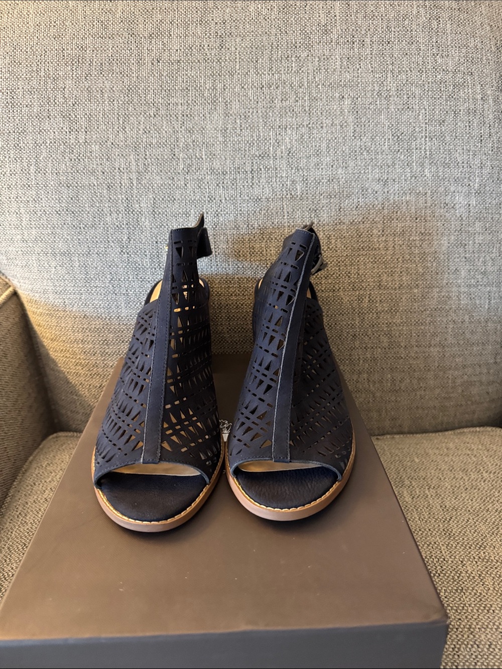 Vince Camuto Midnight Laser-Cut Peep-Toe Wedge Sandals